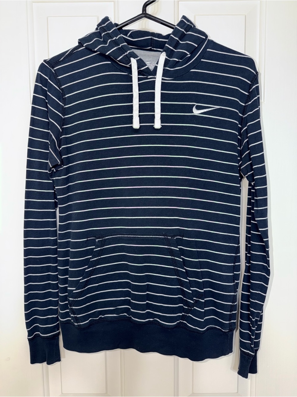 Nike Navy and White Striped Pullover Hoodie
